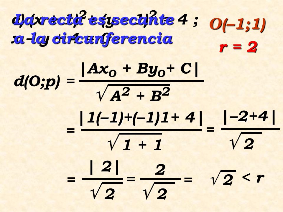 c) (x + 1)2+ (y – 1)2 = 4 ; x – y + 4 = 0 La recta es secante a la circunferencia. O(–1;1) r = 2.