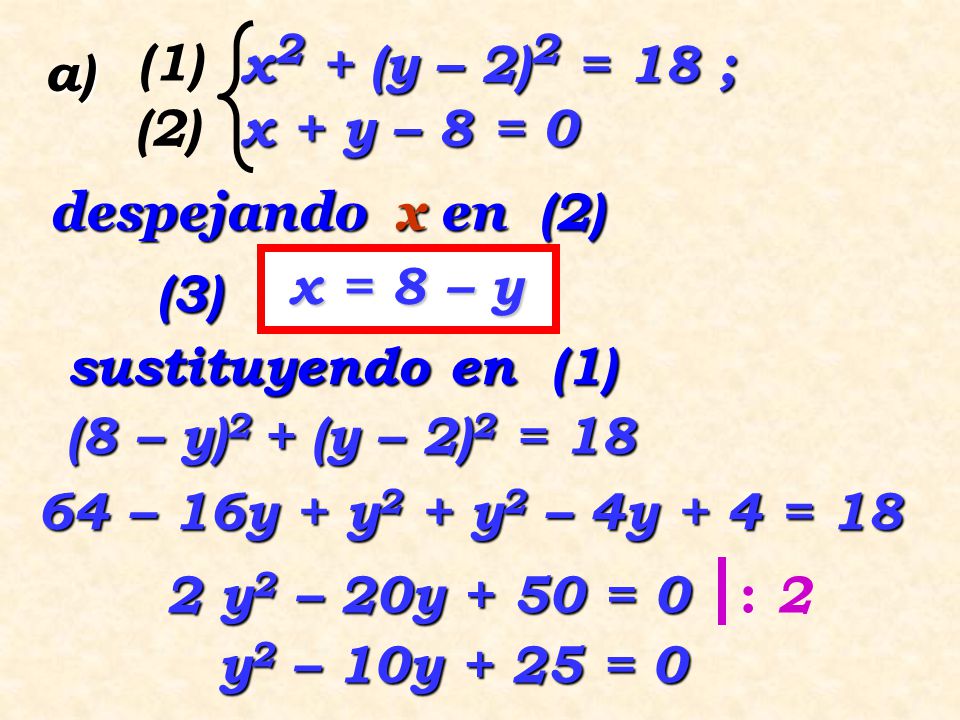 (1) x2 + (y – 2)2 = 18 ; x + y – 8 = 0. a) (2) despejando x en (2) x = 8 – y. (3) sustituyendo en (1)
