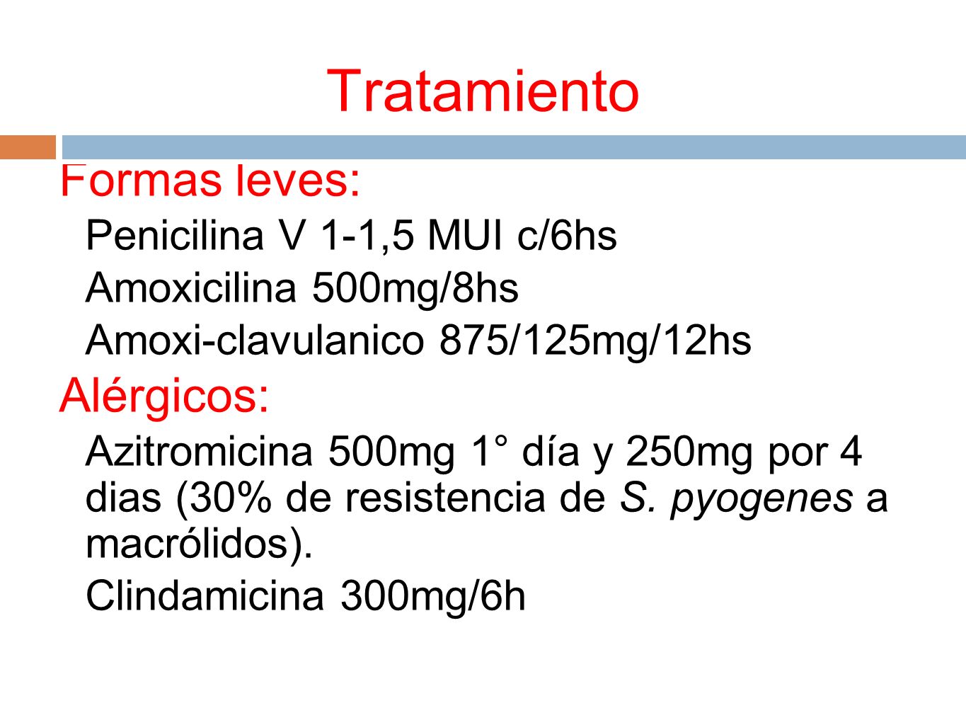 Tratamiento Formas leves: Alérgicos: Penicilina V 1-1,5 MUI c/6hs