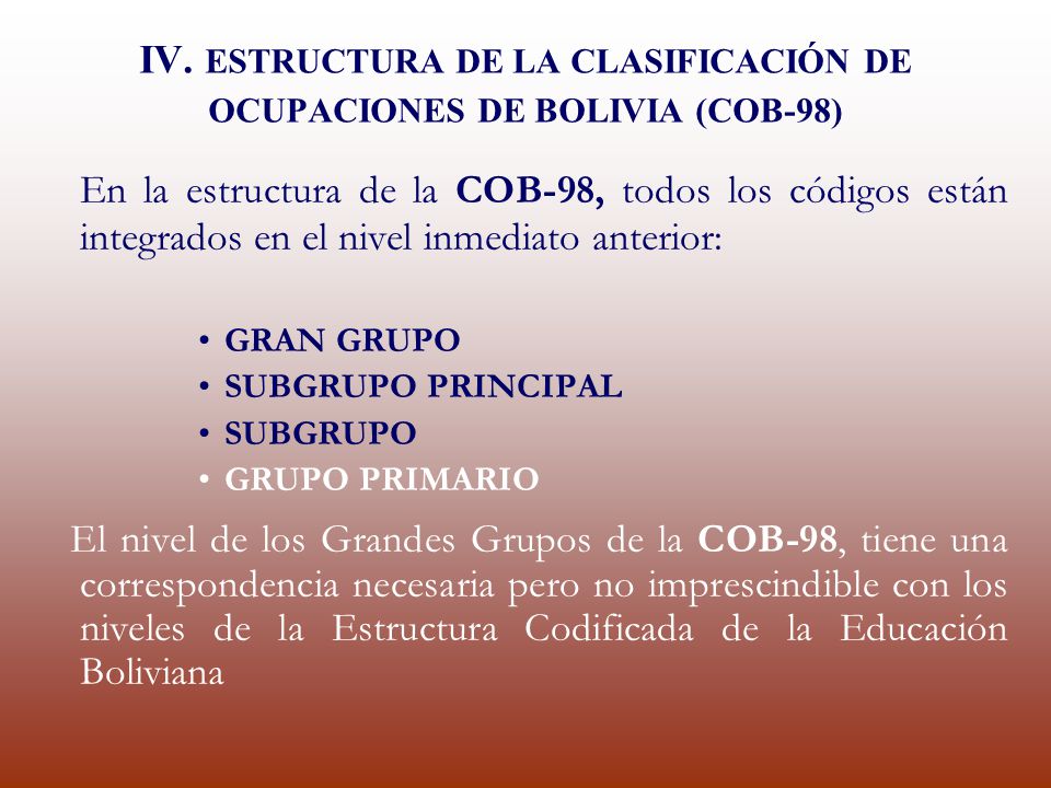 IV. ESTRUCTURA DE LA CLASIFICACIÓN DE OCUPACIONES DE BOLIVIA (COB-98)