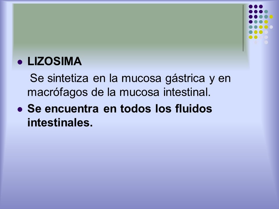 LIZOSIMA Se sintetiza en la mucosa gástrica y en macrófagos de la mucosa intestinal.
