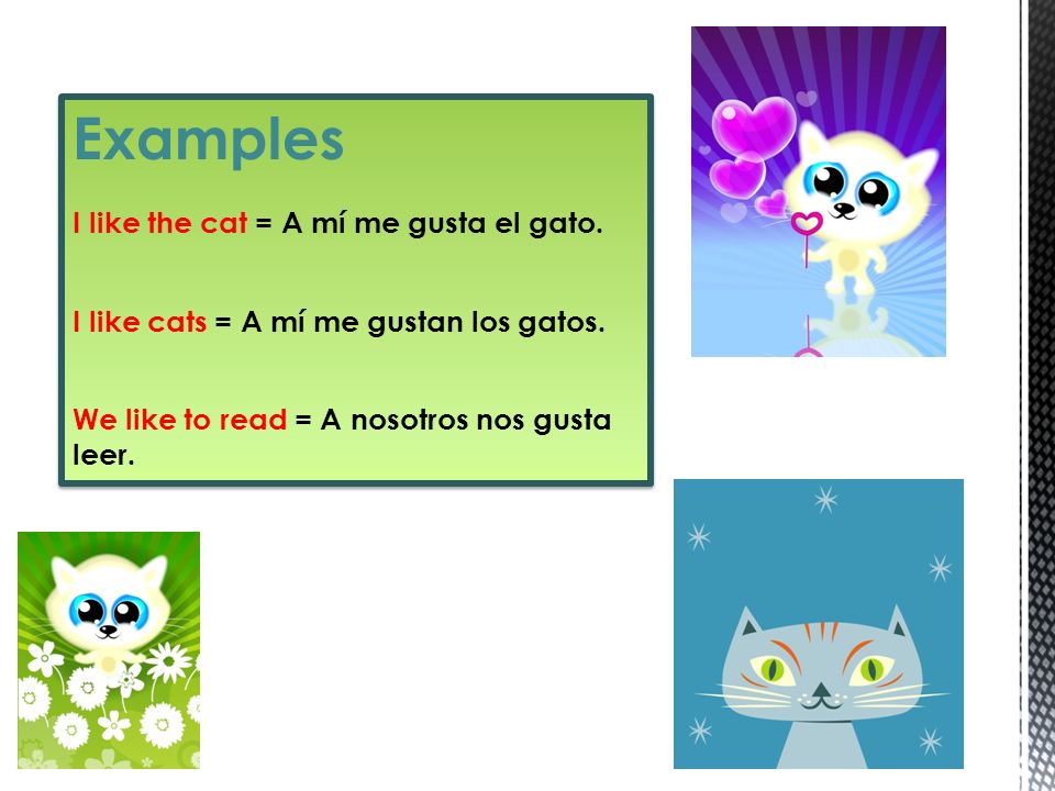 Examples I like the cat = A mí me gusta el gato.