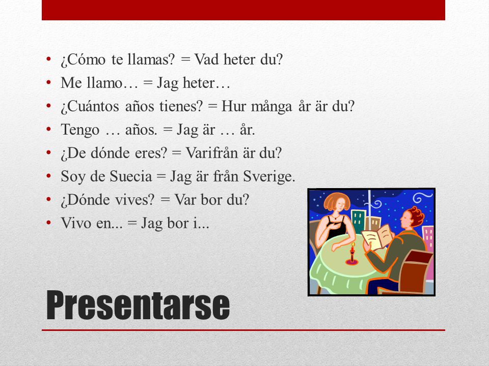 Presentarse ¿Cómo te llamas = Vad heter du Me llamo… = Jag heter…