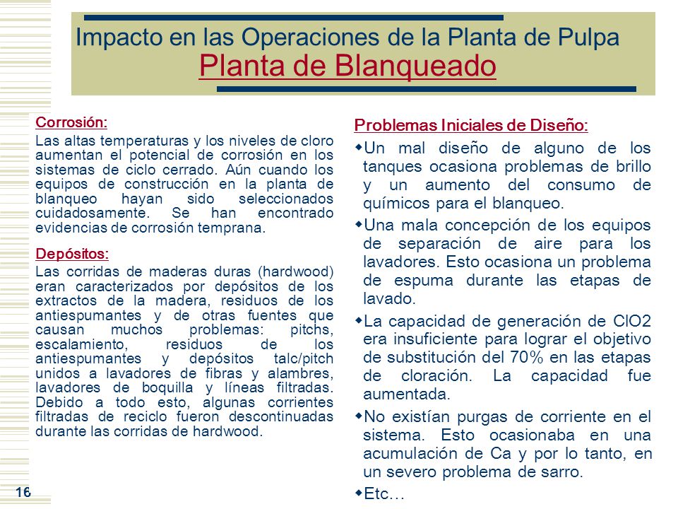 Impacto en las Operaciones de la Planta de Pulpa Planta de Blanqueado