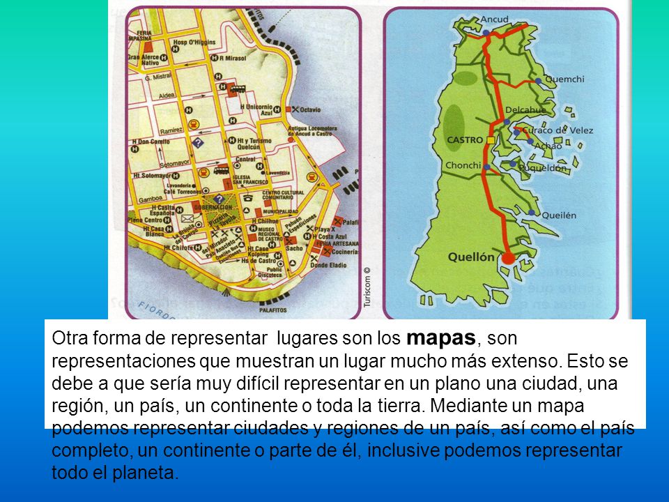 Otra forma de representar lugares son los mapas, son representaciones que muestran un lugar mucho más extenso.