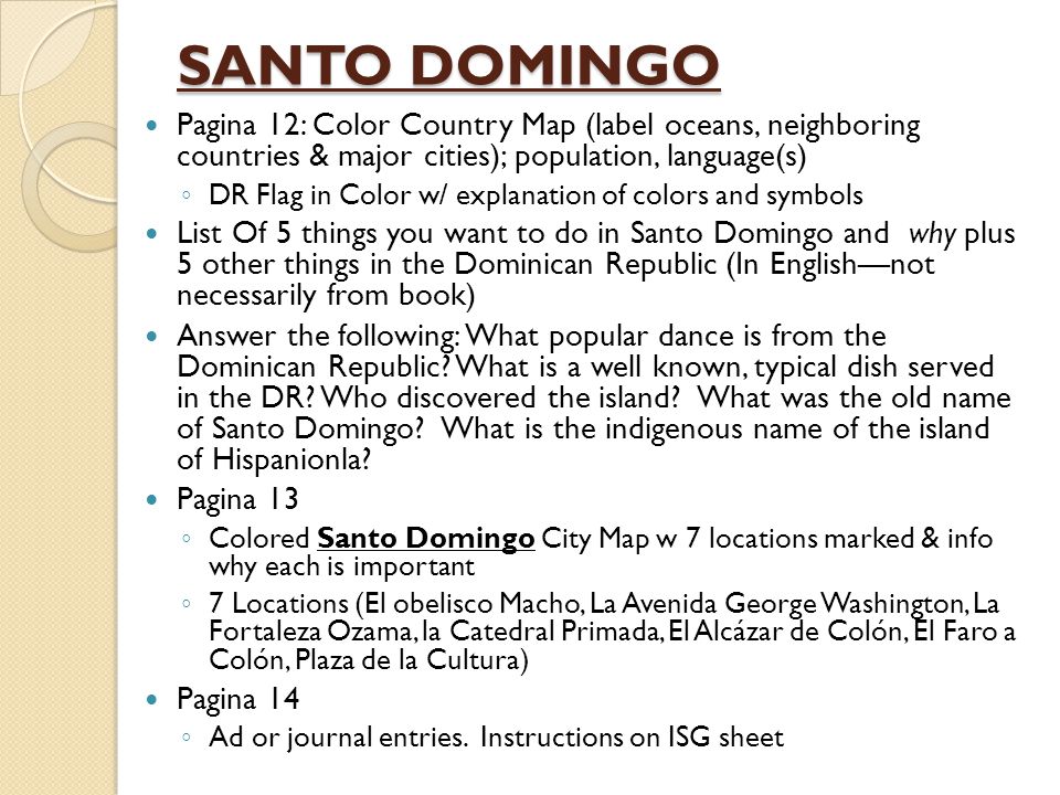 SANTO DOMINGO Pagina 12: Color Country Map (label oceans, neighboring countries & major cities); population, language(s)