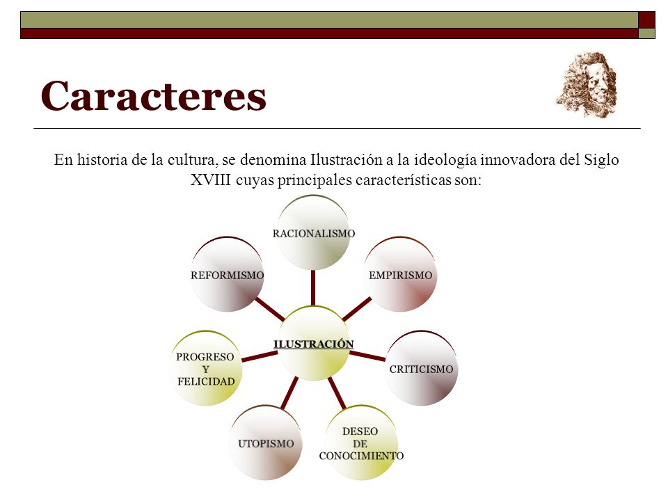 Caracteres En historia de la cultura, se denomina Ilustración a la ideología innovadora del Siglo XVIII cuyas principales características son: