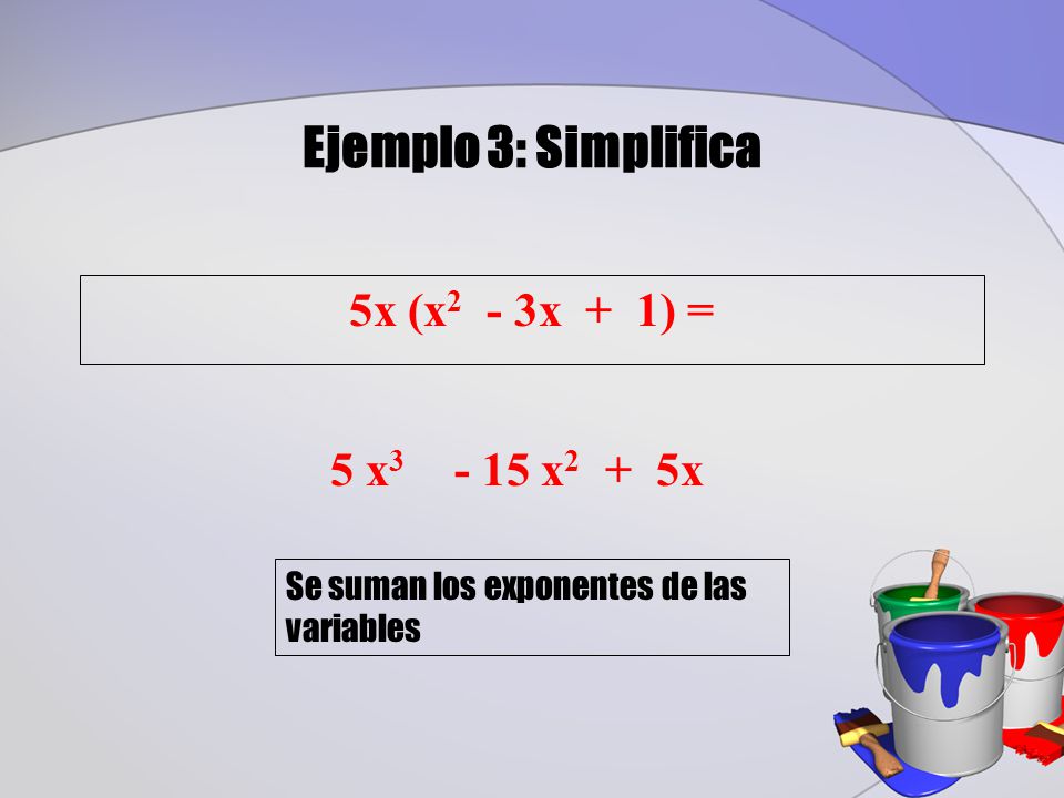 Ejemplo 3: Simplifica 5x (x2 - 3x + 1) = 5 x x2 + 5x