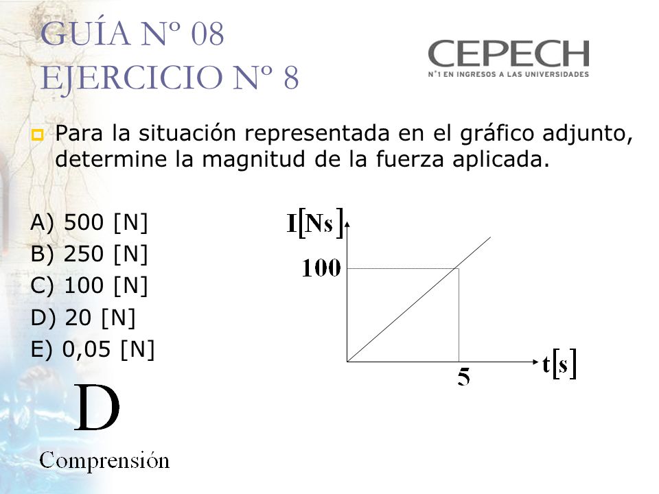 GUÍA Nº 08 EJERCICIO Nº 8 Para la situación representada en el gráfico adjunto, determine la magnitud de la fuerza aplicada.