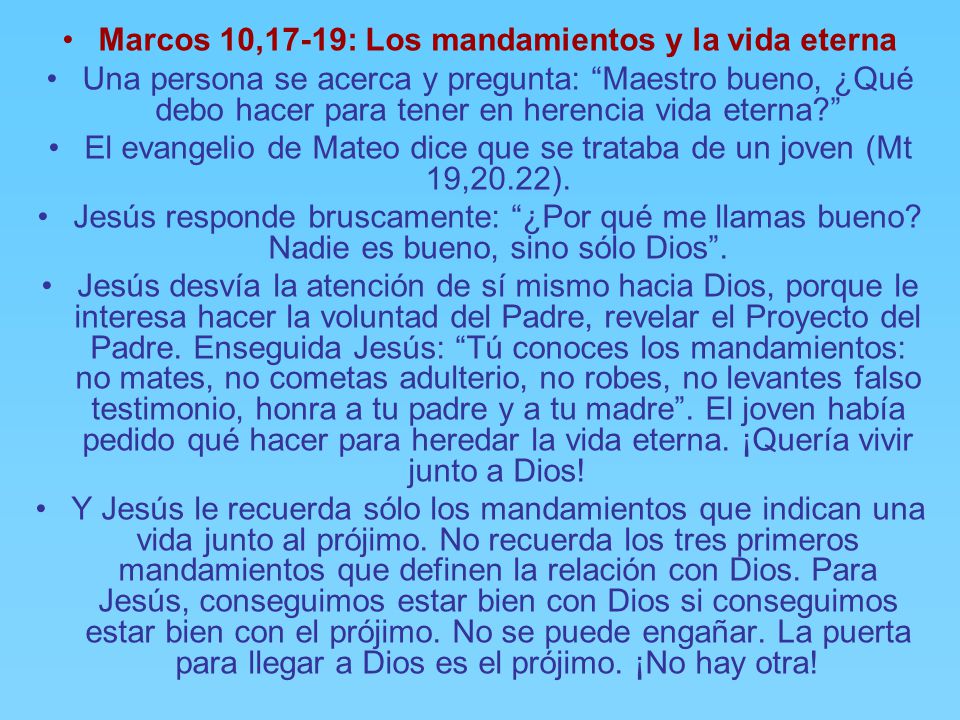Marcos 10,17-19: Los mandamientos y la vida eterna