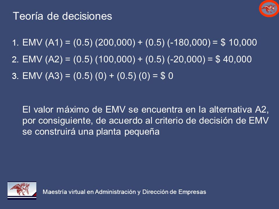 Teoría de decisiones EMV (A1) = (0.5) (200,000) + (0.5) (-180,000) = $ 10,000. EMV (A2) = (0.5) (100,000) + (0.5) (-20,000) = $ 40,000.