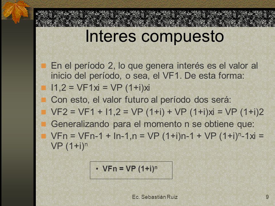 Interes compuesto En el período 2, lo que genera interés es el valor al inicio del período, o sea, el VF1. De esta forma: