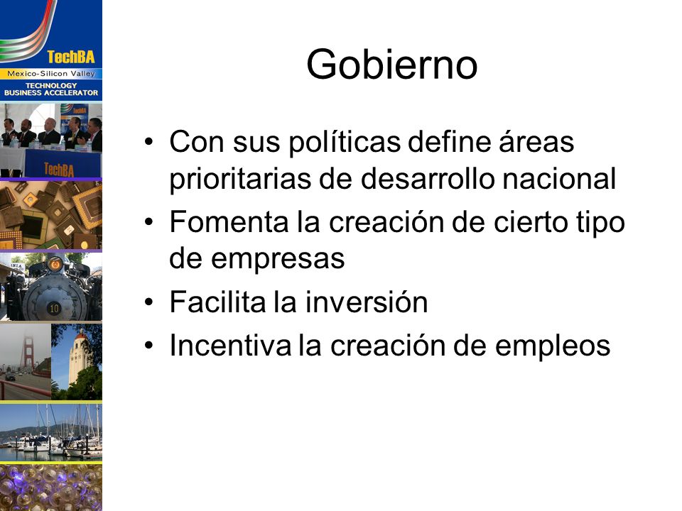 Gobierno Con sus políticas define áreas prioritarias de desarrollo nacional. Fomenta la creación de cierto tipo de empresas.