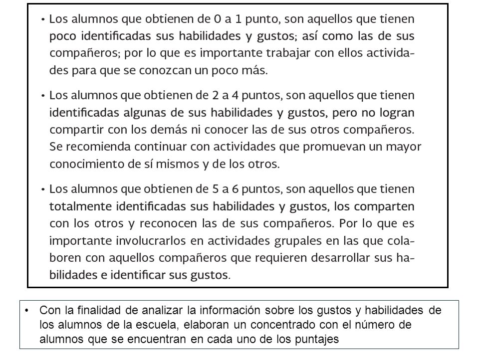 Con la finalidad de analizar la información sobre los gustos y habilidades de los alumnos de la escuela, elaboran un concentrado con el número de alumnos que se encuentran en cada uno de los puntajes