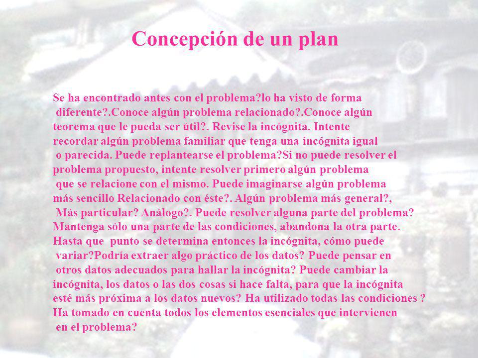 Concepción de un plan Se ha encontrado antes con el problema lo ha visto de forma. diferente .Conoce algún problema relacionado .Conoce algún.