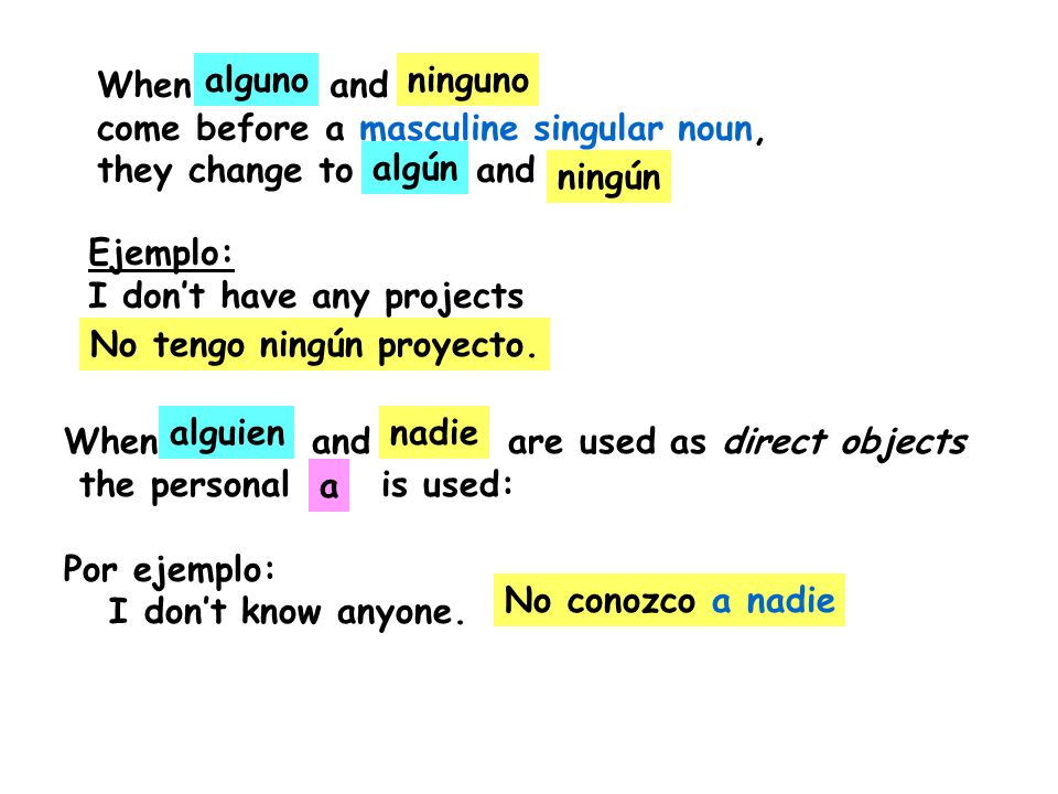 When and come before a masculine singular noun, they change to and. alguno. ninguno.