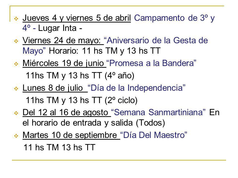 Jueves 4 y viernes 5 de abril Campamento de 3º y 4º - Lugar Inta -