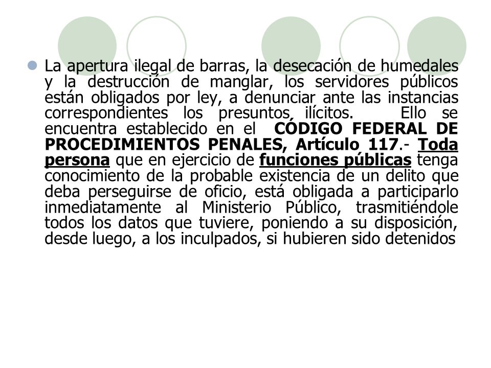La apertura ilegal de barras, la desecación de humedales y la destrucción de manglar, los servidores públicos están obligados por ley, a denunciar ante las instancias correspondientes los presuntos ilícitos.