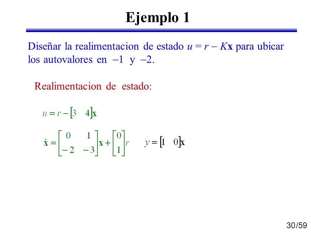 Ejemplo 1 Diseñar la realimentacion de estado u = r  Kx para ubicar los autovalores en 1 y 2.
