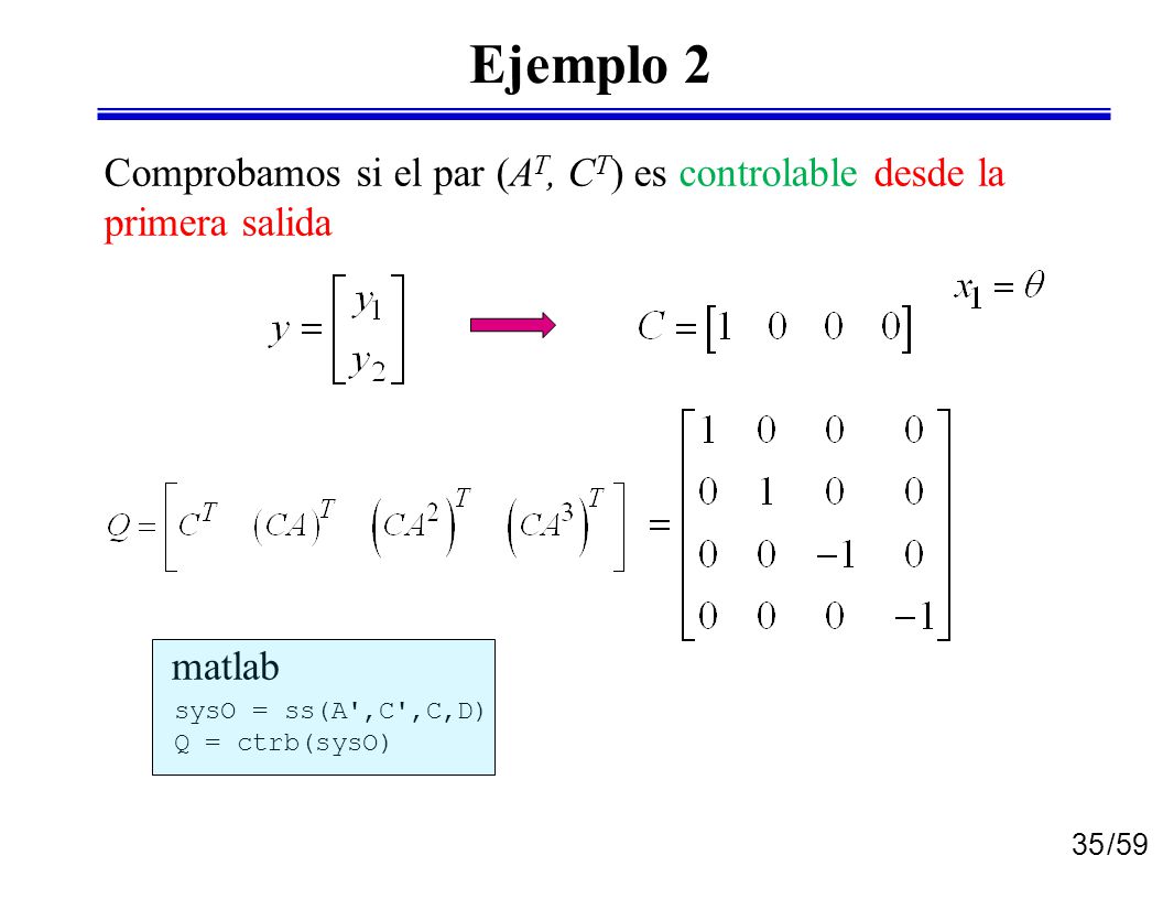 Ejemplo 2 Comprobamos si el par (AT, CT) es controlable desde la primera salida. matlab. sysO = ss(A ,C ,C,D)