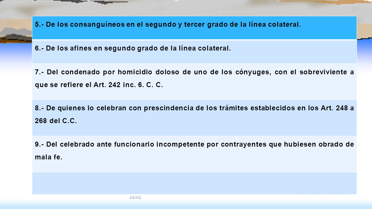 6.- De los afines en segundo grado de la línea colateral.