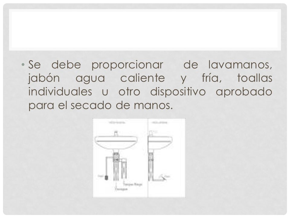 Se debe proporcionar de lavamanos, jabón agua caliente y fría, toallas individuales u otro dispositivo aprobado para el secado de manos.