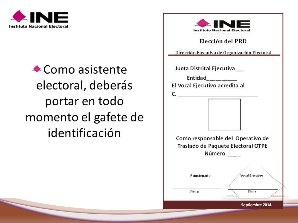 Como asistente electoral, deberás portar en todo momento el gafete de identificación