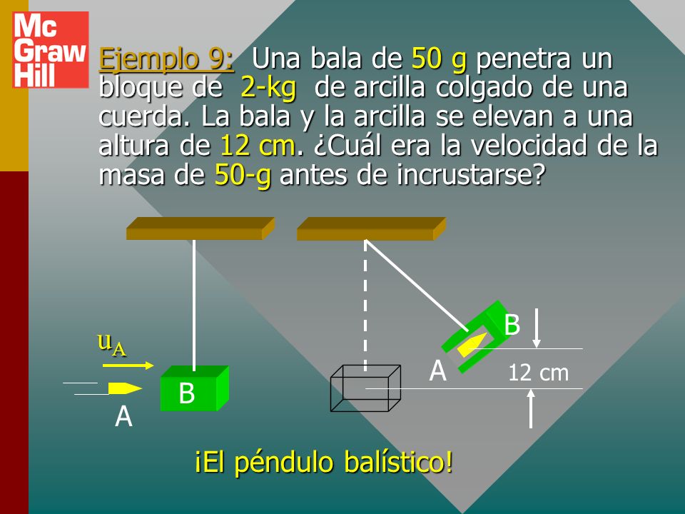 Ejemplo 9: Una bala de 50 g penetra un bloque de 2-kg de arcilla colgado de una cuerda. La bala y la arcilla se elevan a una altura de 12 cm. ¿Cuál era la velocidad de la masa de 50-g antes de incrustarse