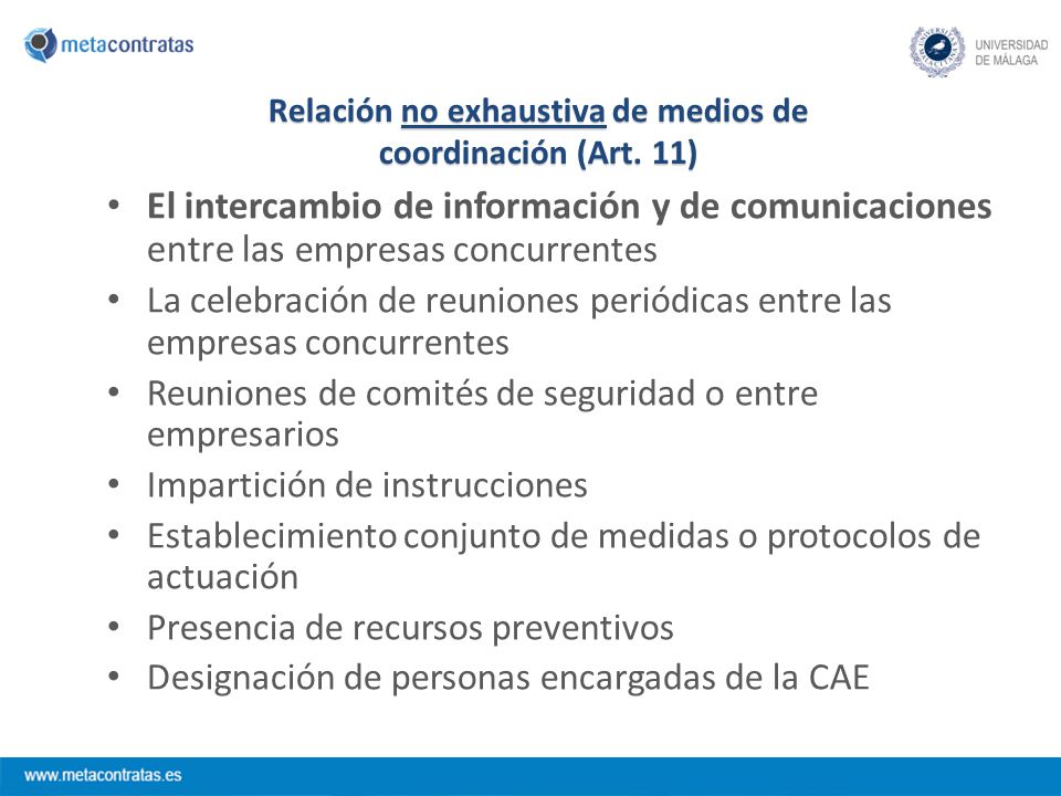 Relación no exhaustiva de medios de coordinación (Art. 11)