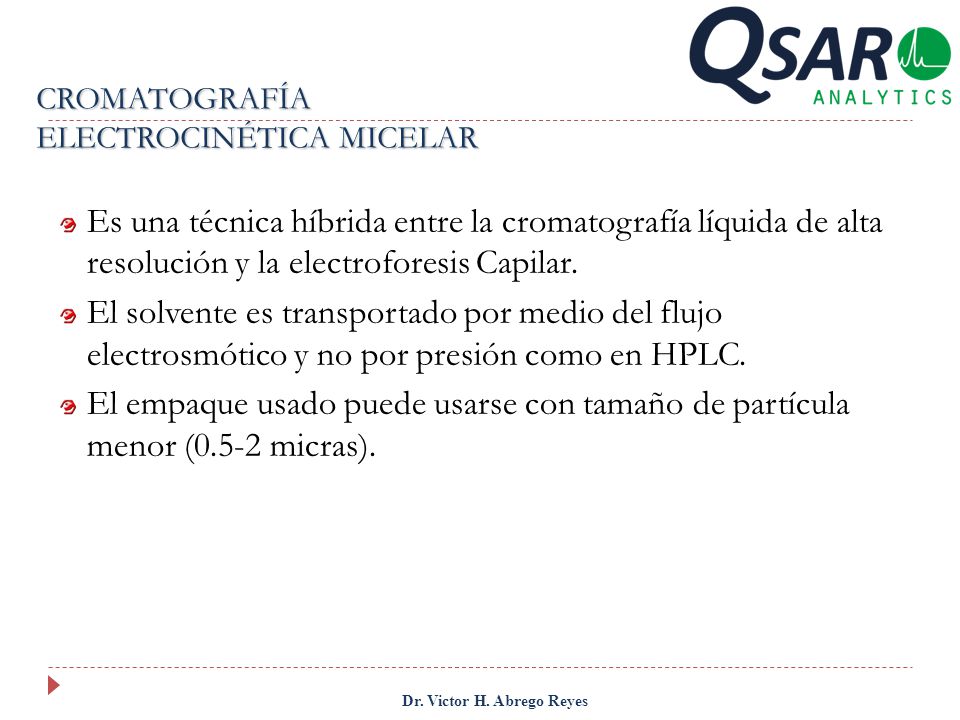 CROMATOGRAFÍA ELECTROCINÉTICA MICELAR. Es una técnica híbrida entre la cromatografía líquida de alta resolución y la electroforesis Capilar.