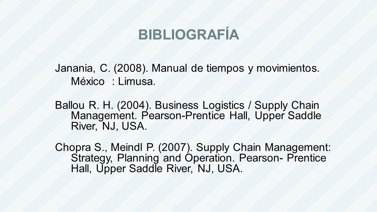 BIBLIOGRAFÍA Janania, C. (2008). Manual de tiempos y movimientos. México : Limusa.