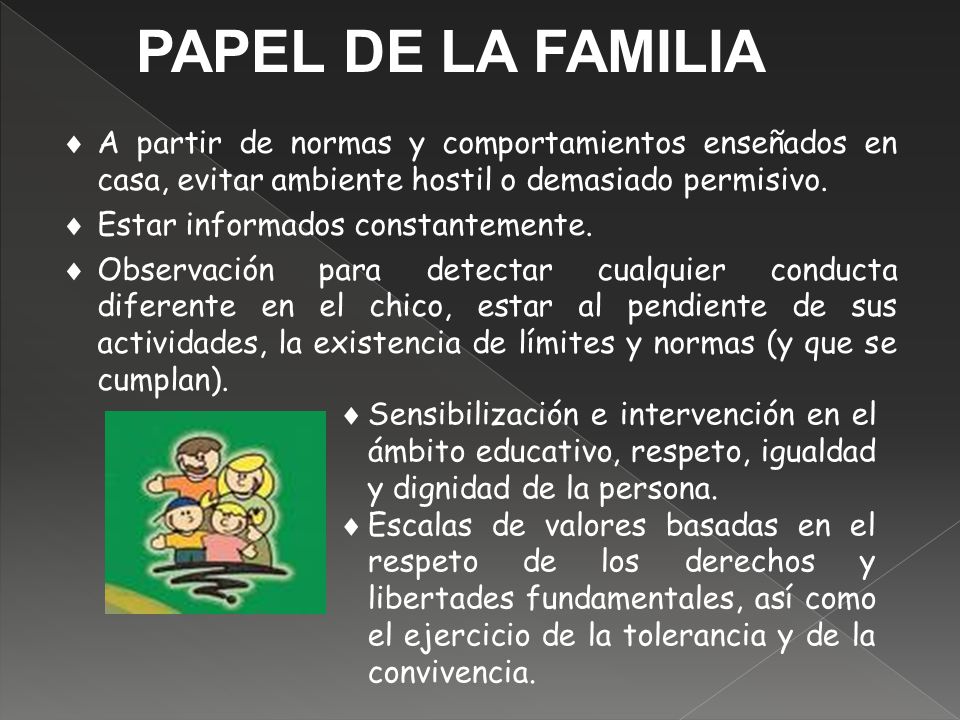 PAPEL DE LA FAMILIA A partir de normas y comportamientos enseñados en casa, evitar ambiente hostil o demasiado permisivo.