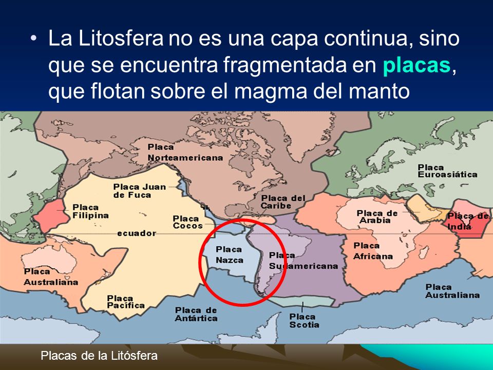 La Litosfera no es una capa continua, sino que se encuentra fragmentada en placas, que flotan sobre el magma del manto