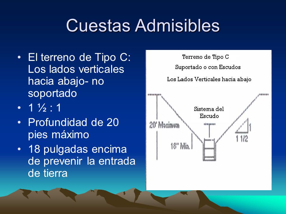 Cuestas Admisibles El terreno de Tipo C: Los lados verticales hacia abajo- no soportado. 1 ½ : 1. Profundidad de 20 pies máximo.