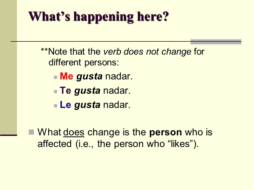 What’s happening here Me gusta nadar. Te gusta nadar. Le gusta nadar.