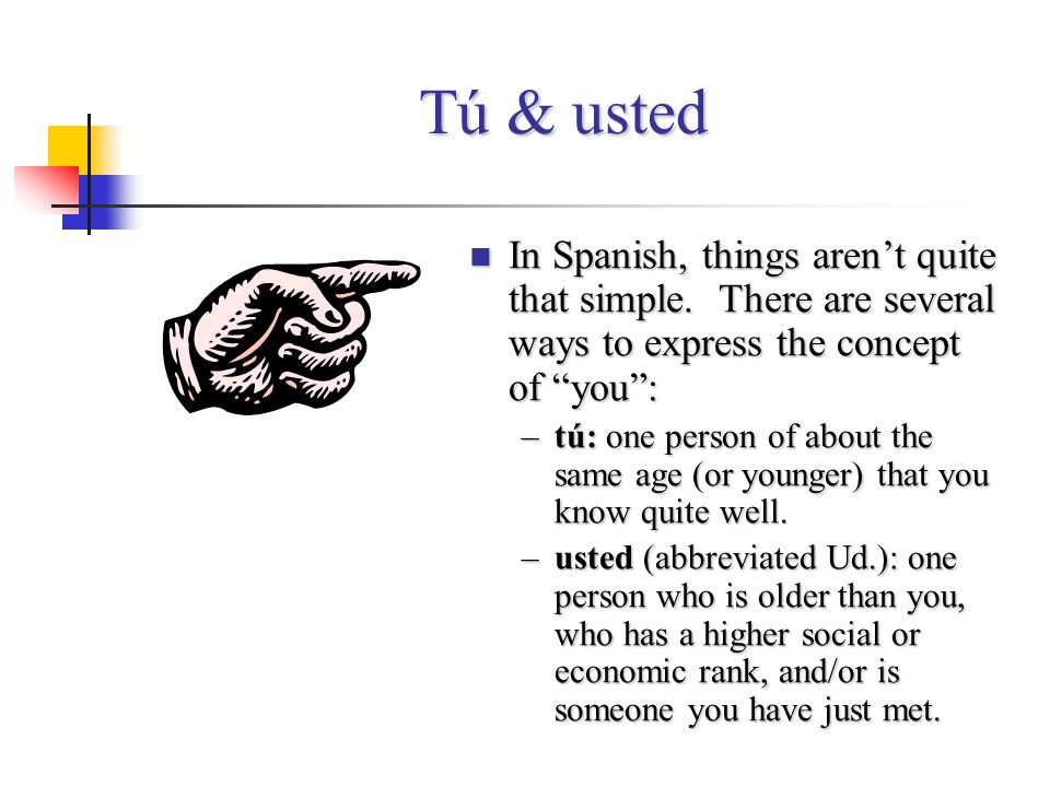 Tú & usted In Spanish, things aren’t quite that simple. There are several ways to express the concept of you :