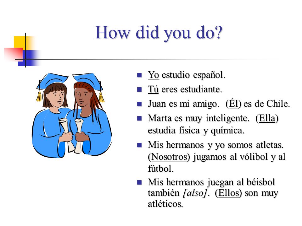 How did you do Yo estudio español. Tú eres estudiante.