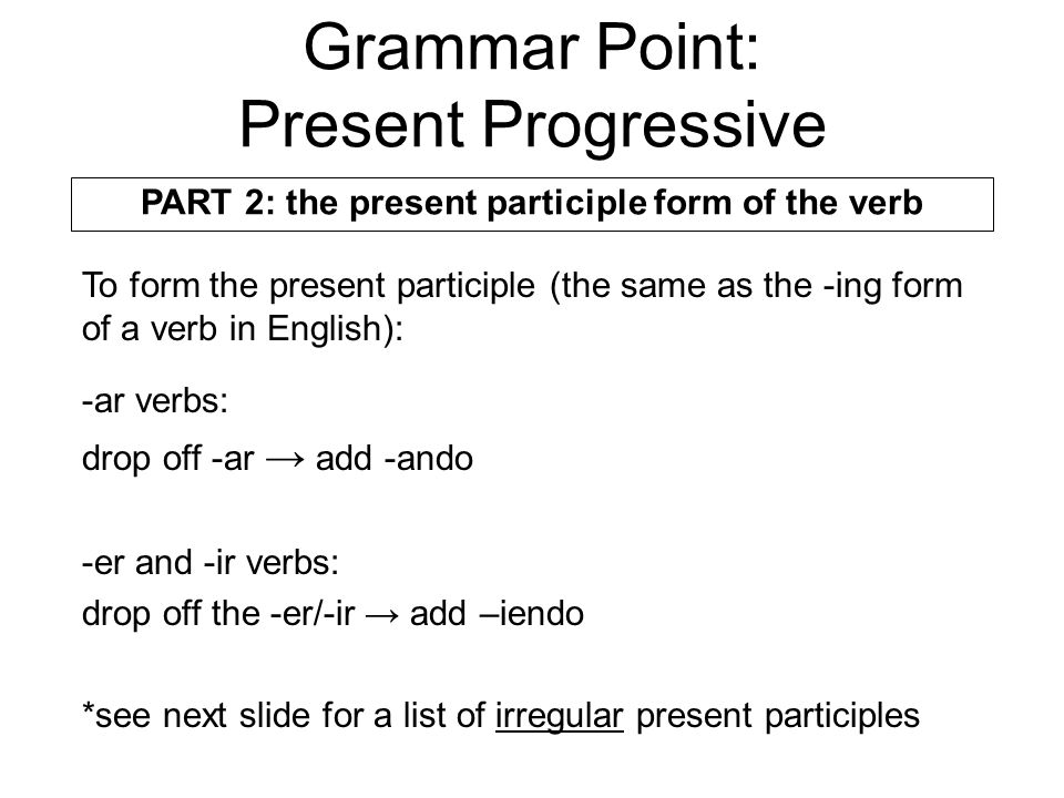Grammar Point: Present Progressive PART 2: the present participle form of the verb