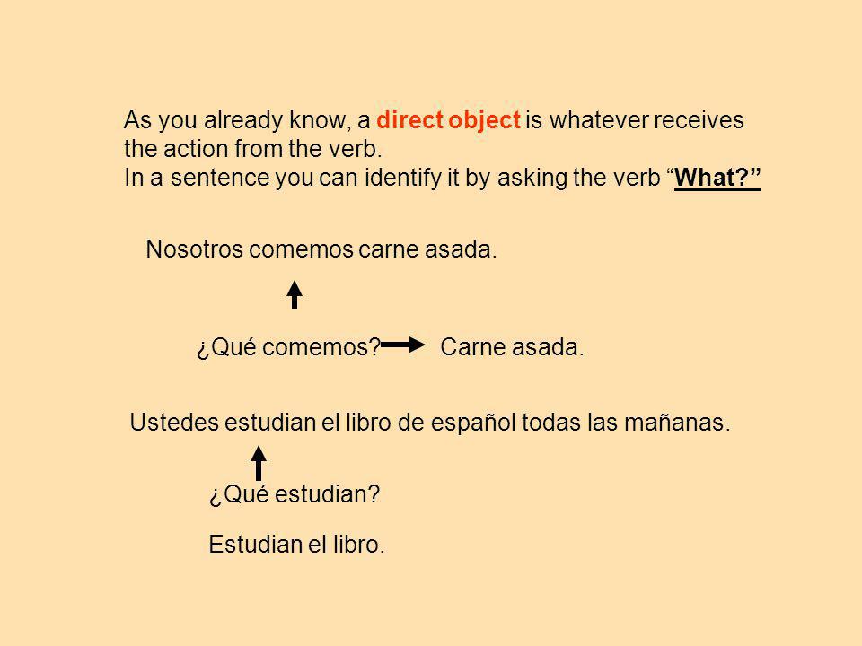 As you already know, a direct object is whatever receives the action from the verb.
