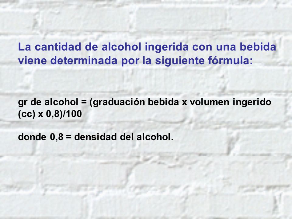 La cantidad de alcohol ingerida con una bebida viene determinada por la siguiente fórmula: