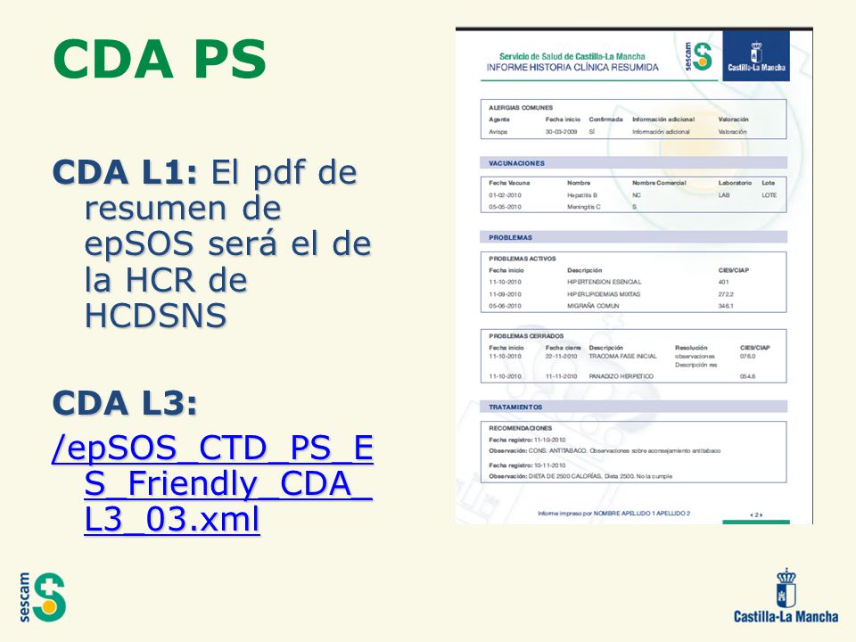 CDA PS CDA L1: El pdf de resumen de epSOS será el de la HCR de HCDSNS