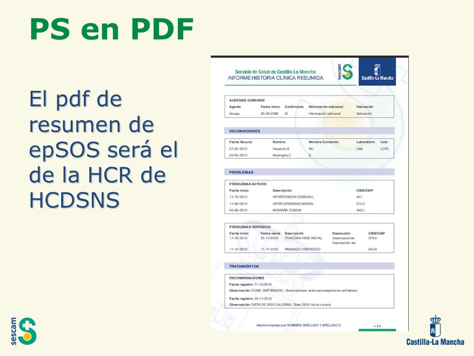 PS en PDF El pdf de resumen de epSOS será el de la HCR de HCDSNS