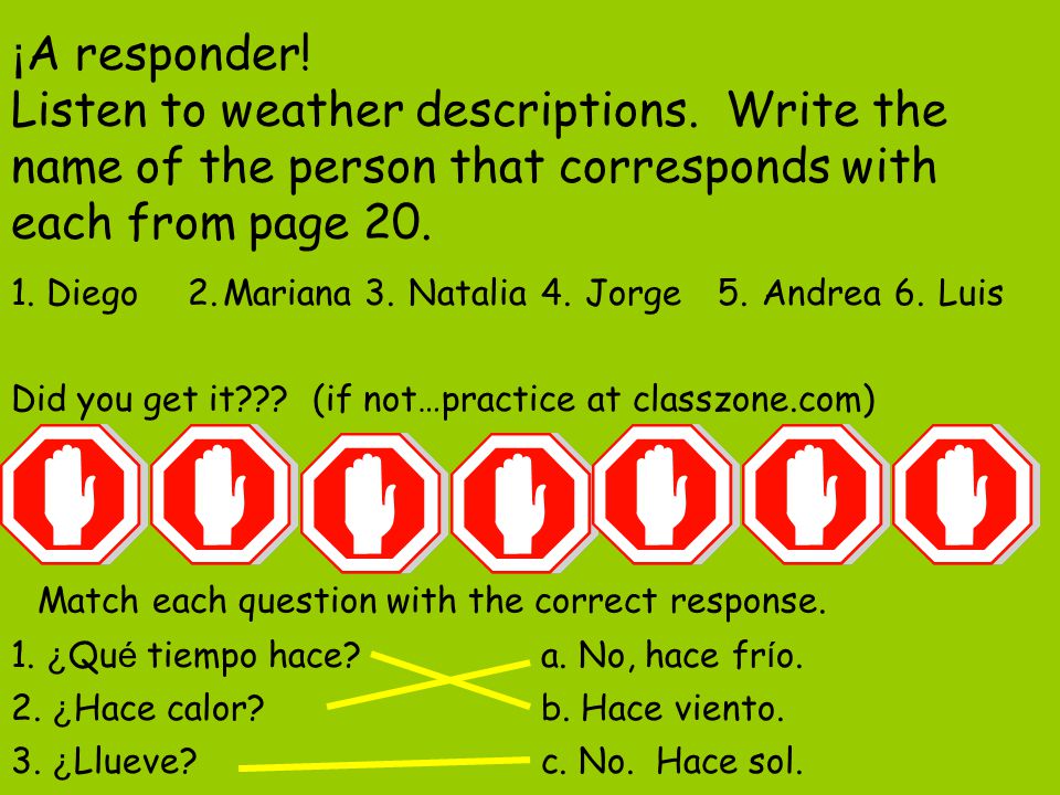 ¡A responder. Listen to weather descriptions