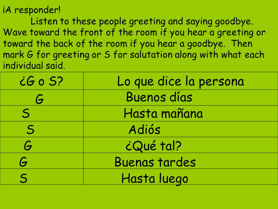 ¿G o S Lo que dice la persona Buenos días G S Hasta mañana S Adiós G