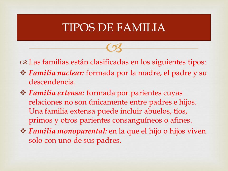 TIPOS DE FAMILIA Las familias están clasificadas en los siguientes tipos: Familia nuclear: formada por la madre, el padre y su descendencia.