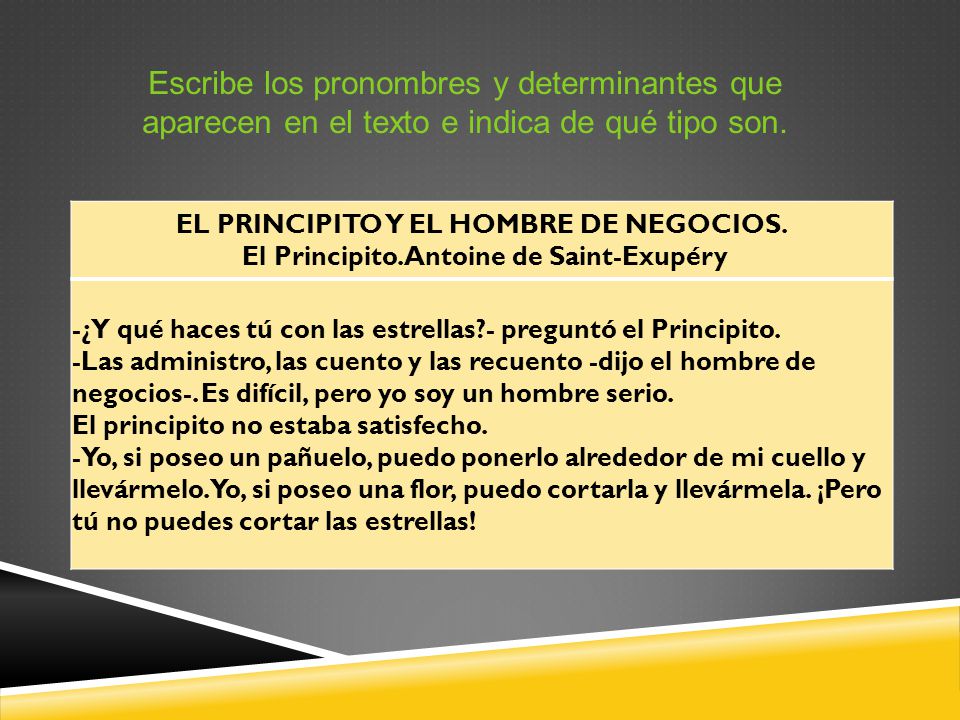 Escribe los pronombres y determinantes que aparecen en el texto e indica de qué tipo son.