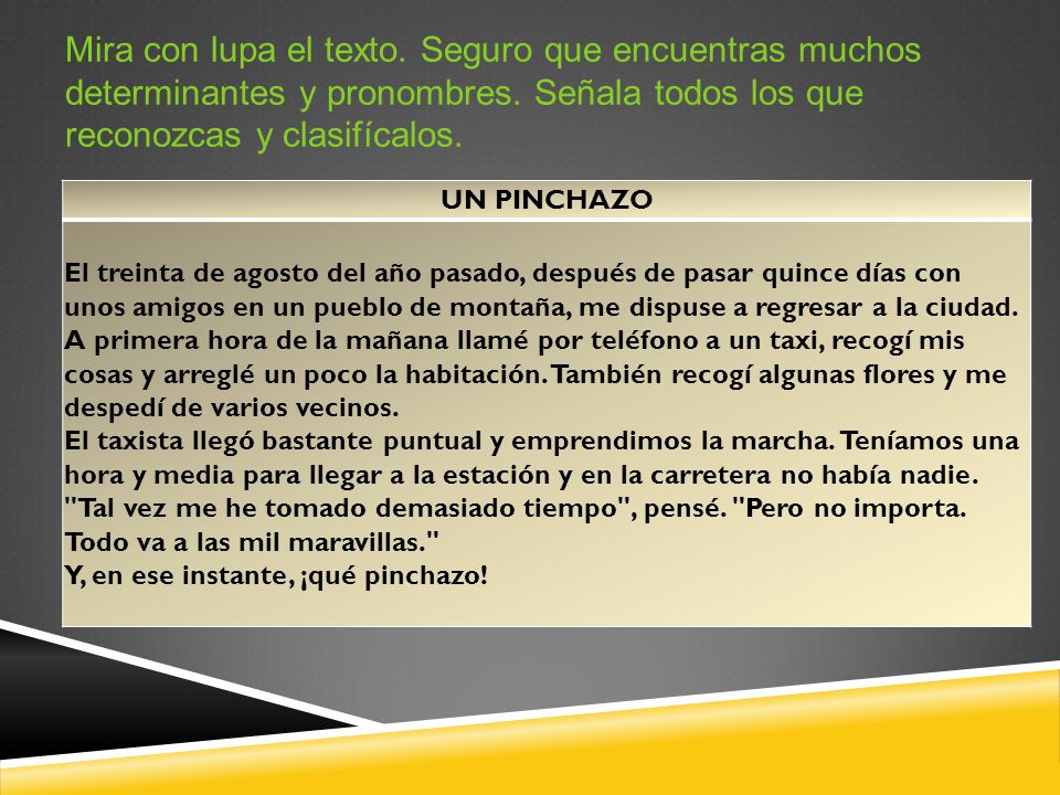 Mira con lupa el texto. Seguro que encuentras muchos determinantes y pronombres. Señala todos los que reconozcas y clasifícalos.