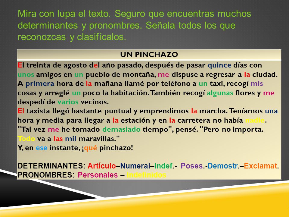 Mira con lupa el texto. Seguro que encuentras muchos determinantes y pronombres. Señala todos los que reconozcas y clasifícalos.