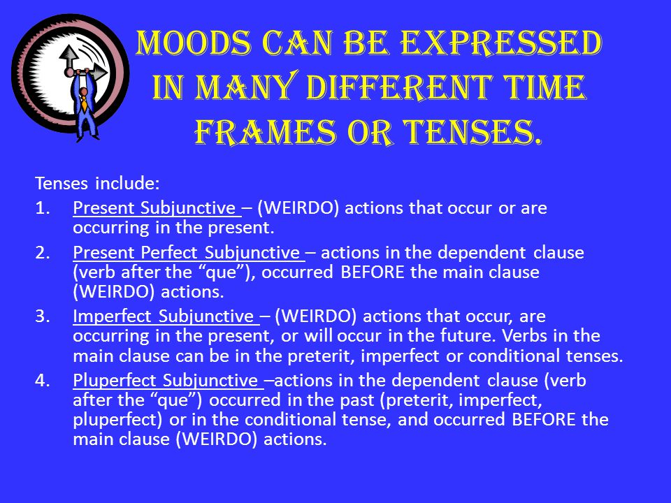 Moods can be expressed in many different time frames or tenses.