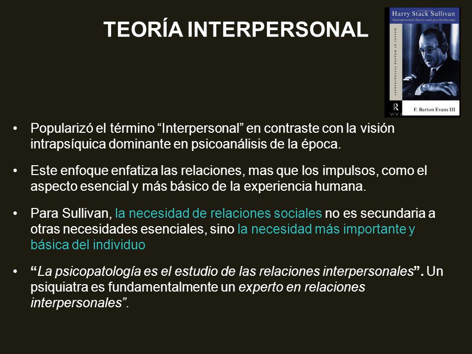 TEORÍA INTERPERSONAL Popularizó el término Interpersonal en contraste con la visión intrapsíquica dominante en psicoanálisis de la época.